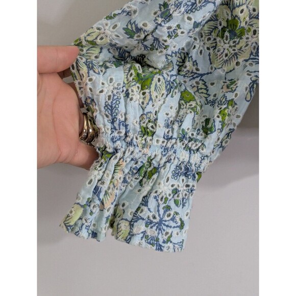 7 For All Mankind Eyelet Peplum Button Front Blouse Floral Romantic Peasant XS - Picture 6 of 9